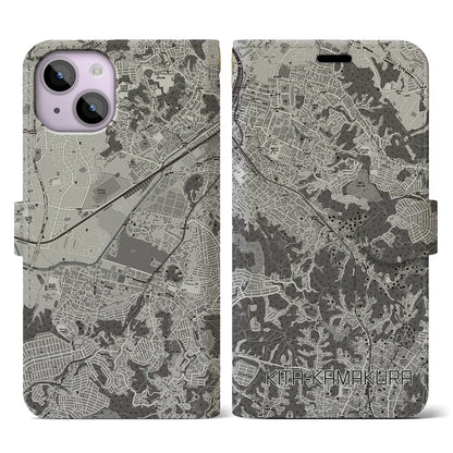 【北鎌倉（神奈川県）】地図柄iPhoneケース（手帳タイプ）モノトーン・iPhone 14 用