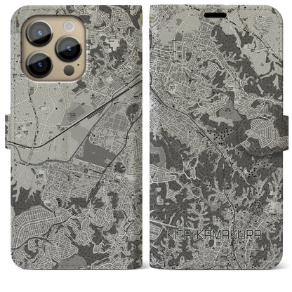 【北鎌倉（神奈川県）】地図柄iPhoneケース（手帳タイプ）モノトーン・iPhone 14 Pro Max 用