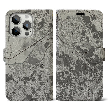【北鎌倉（神奈川県）】地図柄iPhoneケース（手帳タイプ）モノトーン・iPhone 15 Pro 用