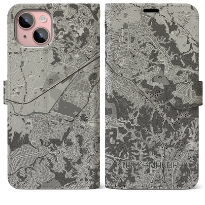【北鎌倉（神奈川県）】地図柄iPhoneケース（手帳タイプ）モノトーン・iPhone 15 Plus 用