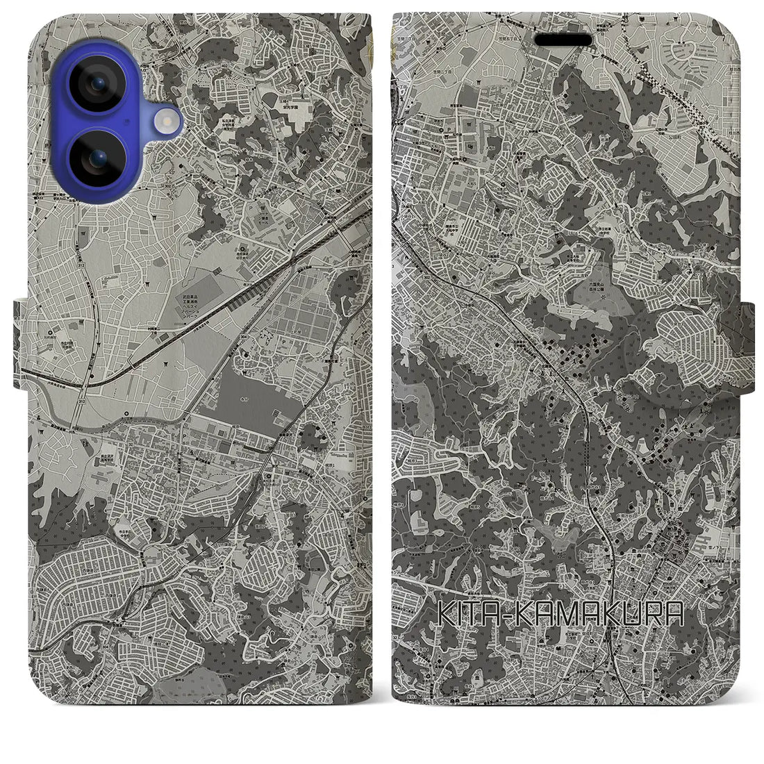 【北鎌倉(神奈川県)】地図柄iPhoneケース(手帳タイプ)モノトーン・iPhone 16 Pro Max 用