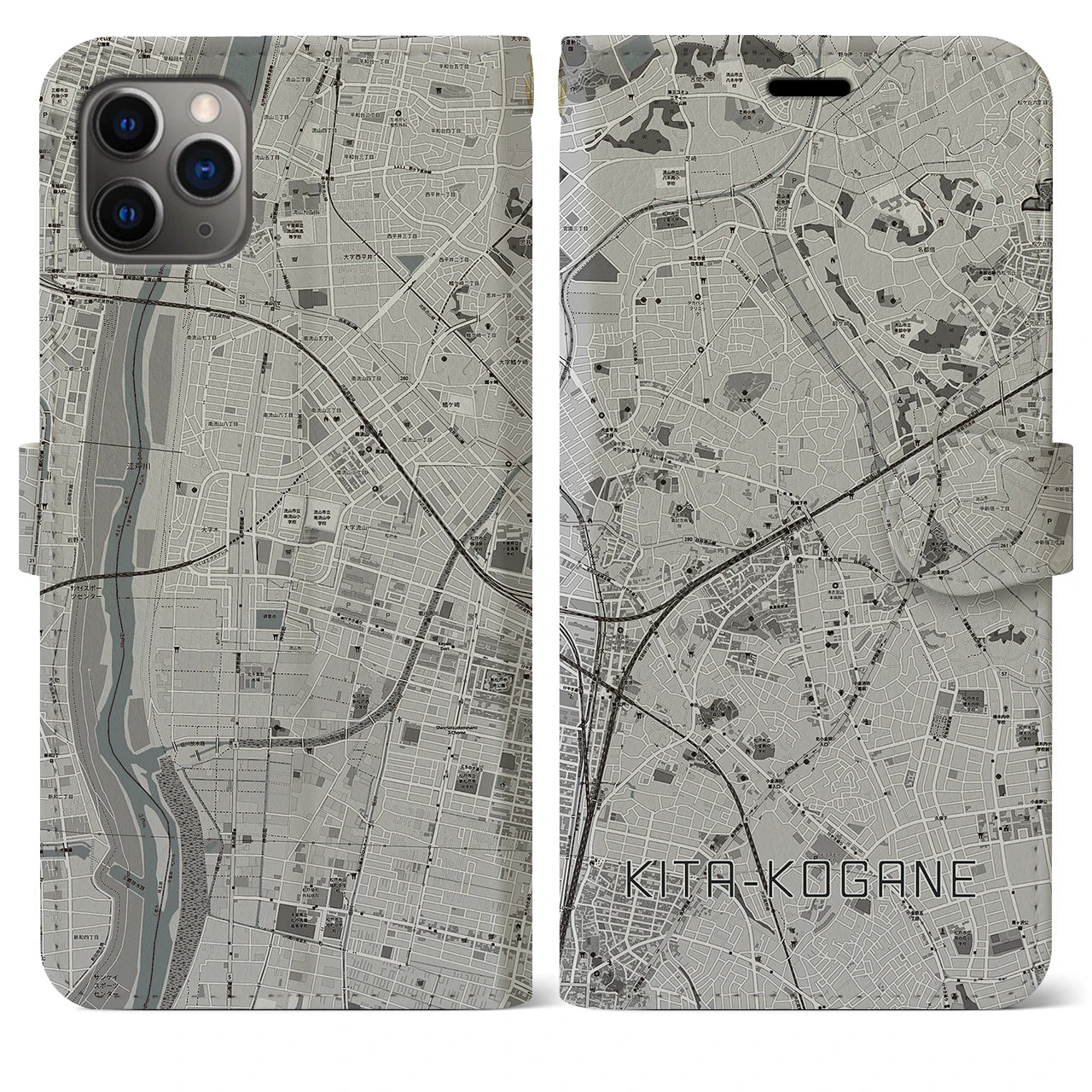 【北小金】地図柄iPhoneケース（手帳両面タイプ・モノトーン）iPhone 11 Pro Max 用
