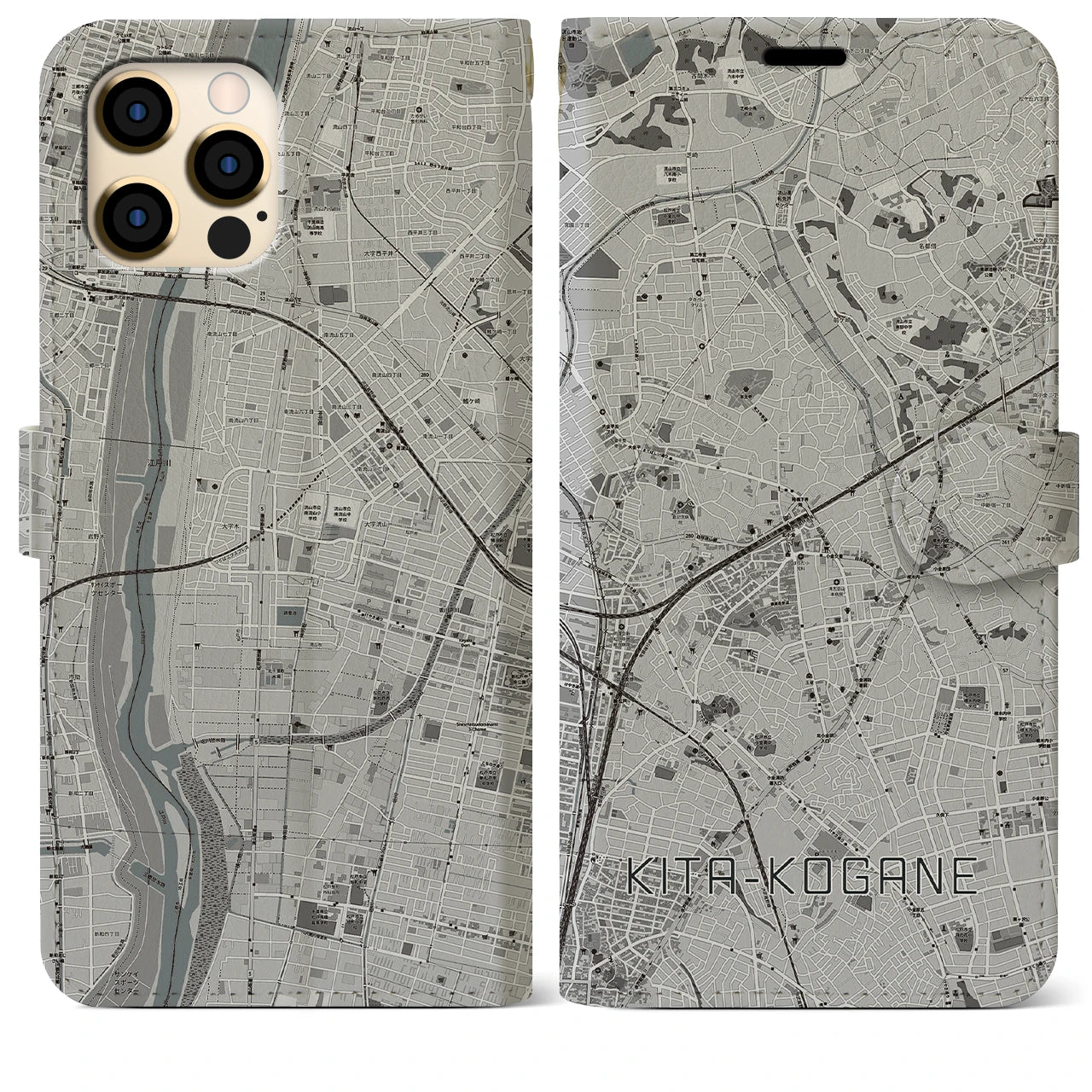 【北小金】地図柄iPhoneケース（手帳両面タイプ・モノトーン）iPhone 12 Pro Max 用
