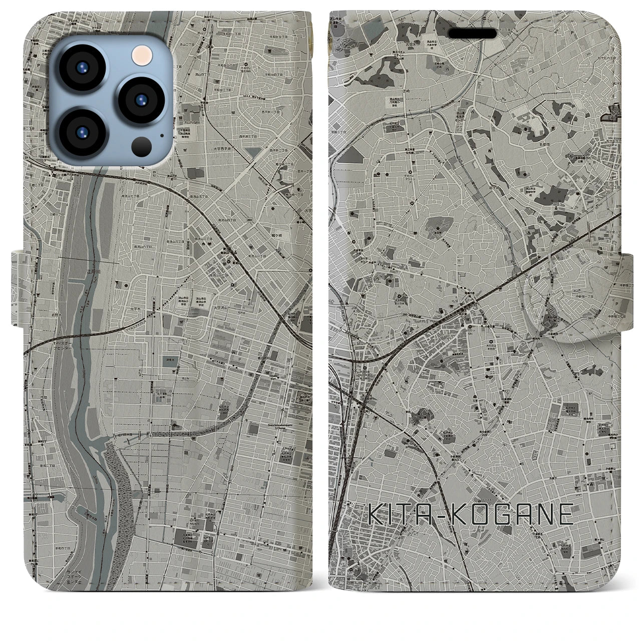 【北小金】地図柄iPhoneケース（手帳両面タイプ・モノトーン）iPhone 13 Pro Max 用