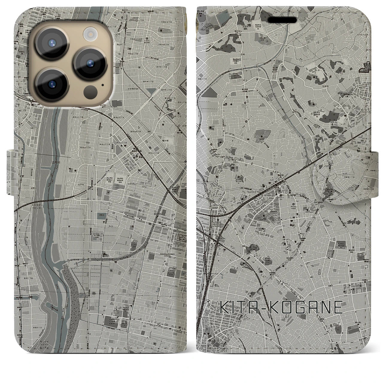 【北小金】地図柄iPhoneケース（手帳両面タイプ・モノトーン）iPhone 14 Pro Max 用
