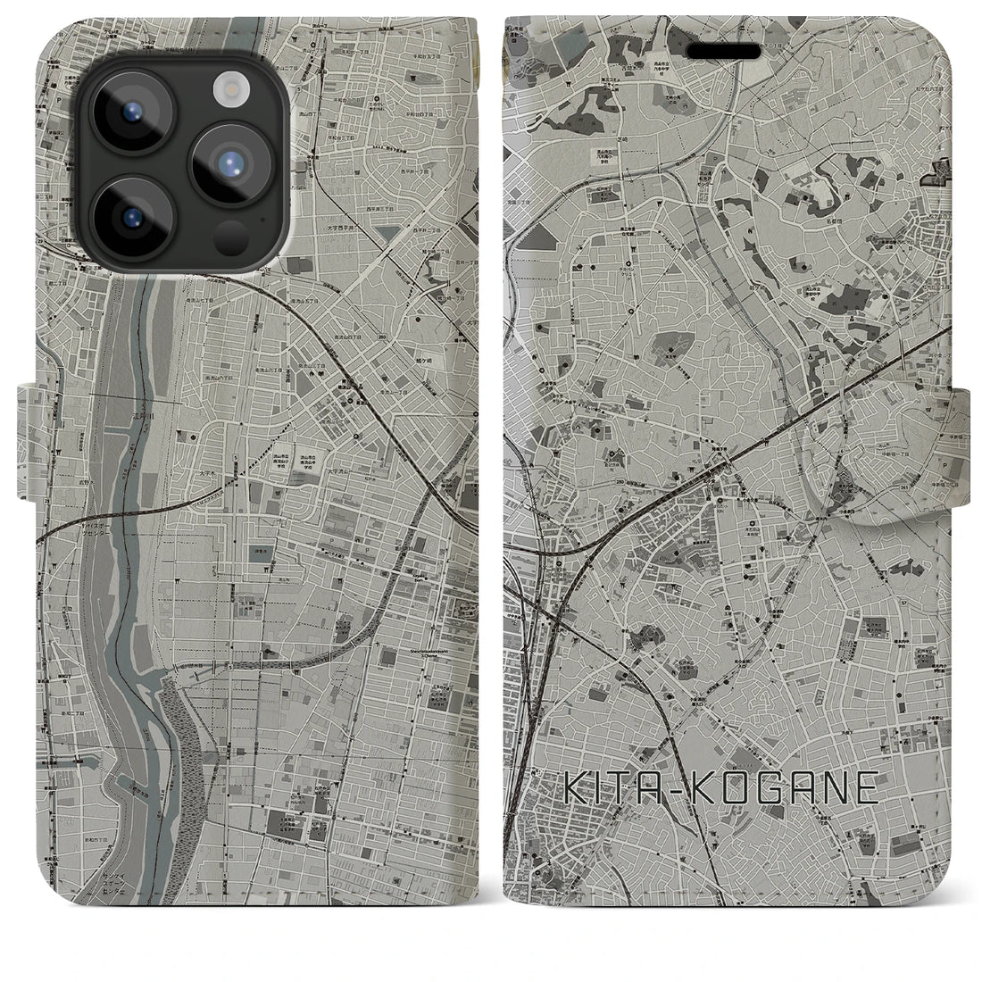 【北小金】地図柄iPhoneケース（手帳両面タイプ・モノトーン）iPhone 15 Pro Max 用