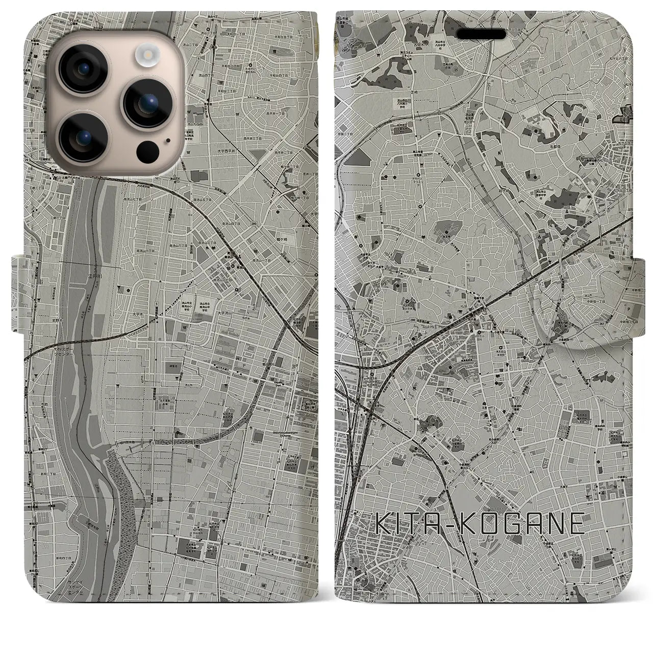 【北小金（千葉県）】地図柄iPhoneケース（手帳タイプ）モノトーン・iPhone 16 Plus 用