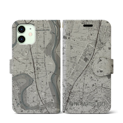 【北松戸（千葉県）】地図柄iPhoneケース（手帳タイプ）モノトーン・iPhone 12 mini 用