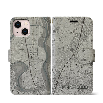 【北松戸（千葉県）】地図柄iPhoneケース（手帳タイプ）モノトーン・iPhone 13 mini 用