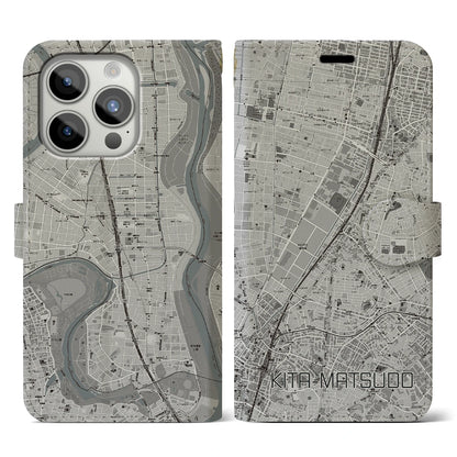 【北松戸（千葉県）】地図柄iPhoneケース（手帳タイプ）モノトーン・iPhone 15 Pro 用