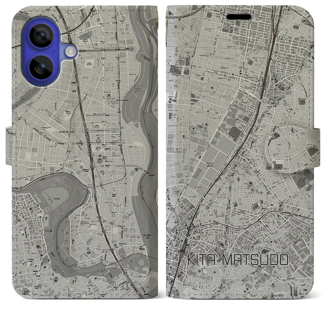 【北松戸(千葉県)】地図柄iPhoneケース(手帳タイプ)モノトーン・iPhone 16 Pro Max 用