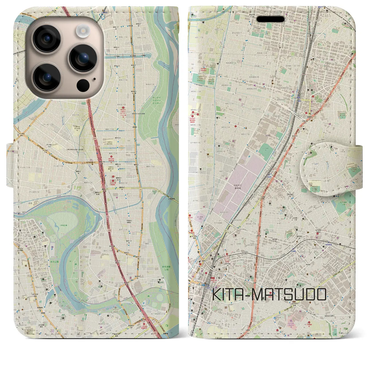 【北松戸（千葉県）】地図柄iPhoneケース（手帳タイプ）ナチュラル・iPhone 16 Plus 用