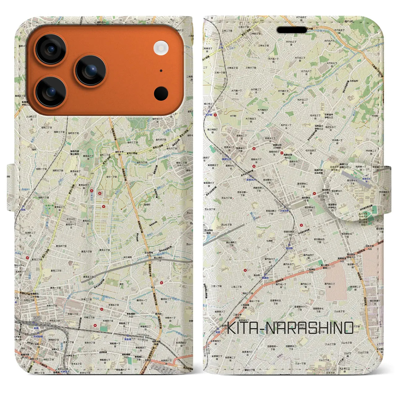 【北習志野（千葉県）】地図柄iPhoneケース（手帳タイプ）ナチュラル・iPhone 17 Pro Max 用