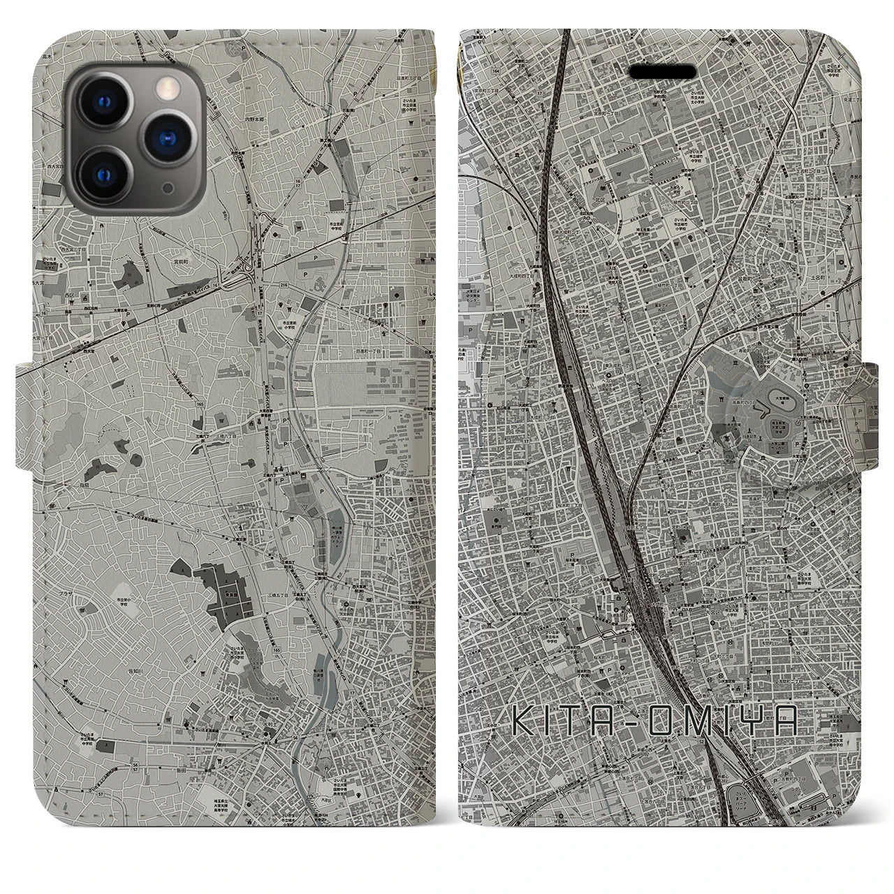 【北大宮】地図柄iPhoneケース（手帳両面タイプ・モノトーン）iPhone 11 Pro Max 用