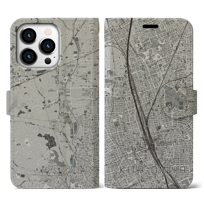 【北大宮（埼玉県）】地図柄iPhoneケース（手帳タイプ）モノトーン・iPhone 13 Pro 用