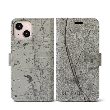 【北大宮（埼玉県）】地図柄iPhoneケース（手帳タイプ）モノトーン・iPhone 13 mini 用