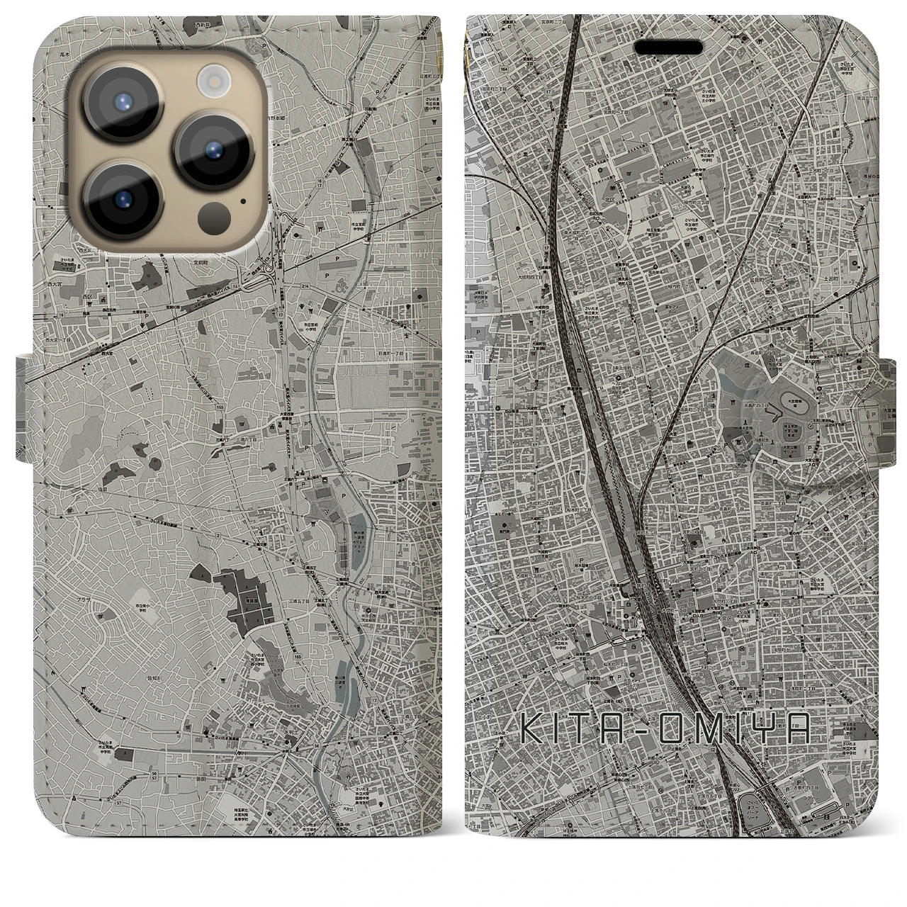 【北大宮】地図柄iPhoneケース（手帳両面タイプ・モノトーン）iPhone 14 Pro Max 用