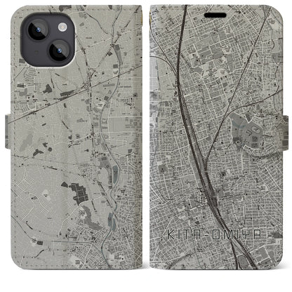 【北大宮（埼玉県）】地図柄iPhoneケース（手帳タイプ）モノトーン・iPhone 14 Plus 用