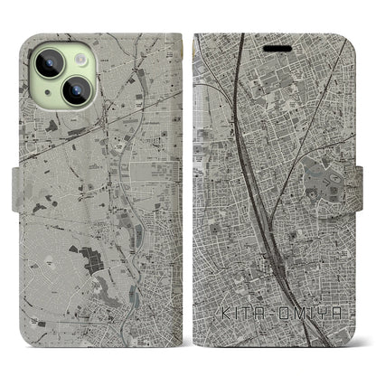 【北大宮（埼玉県）】地図柄iPhoneケース（手帳タイプ）モノトーン・iPhone 15 用