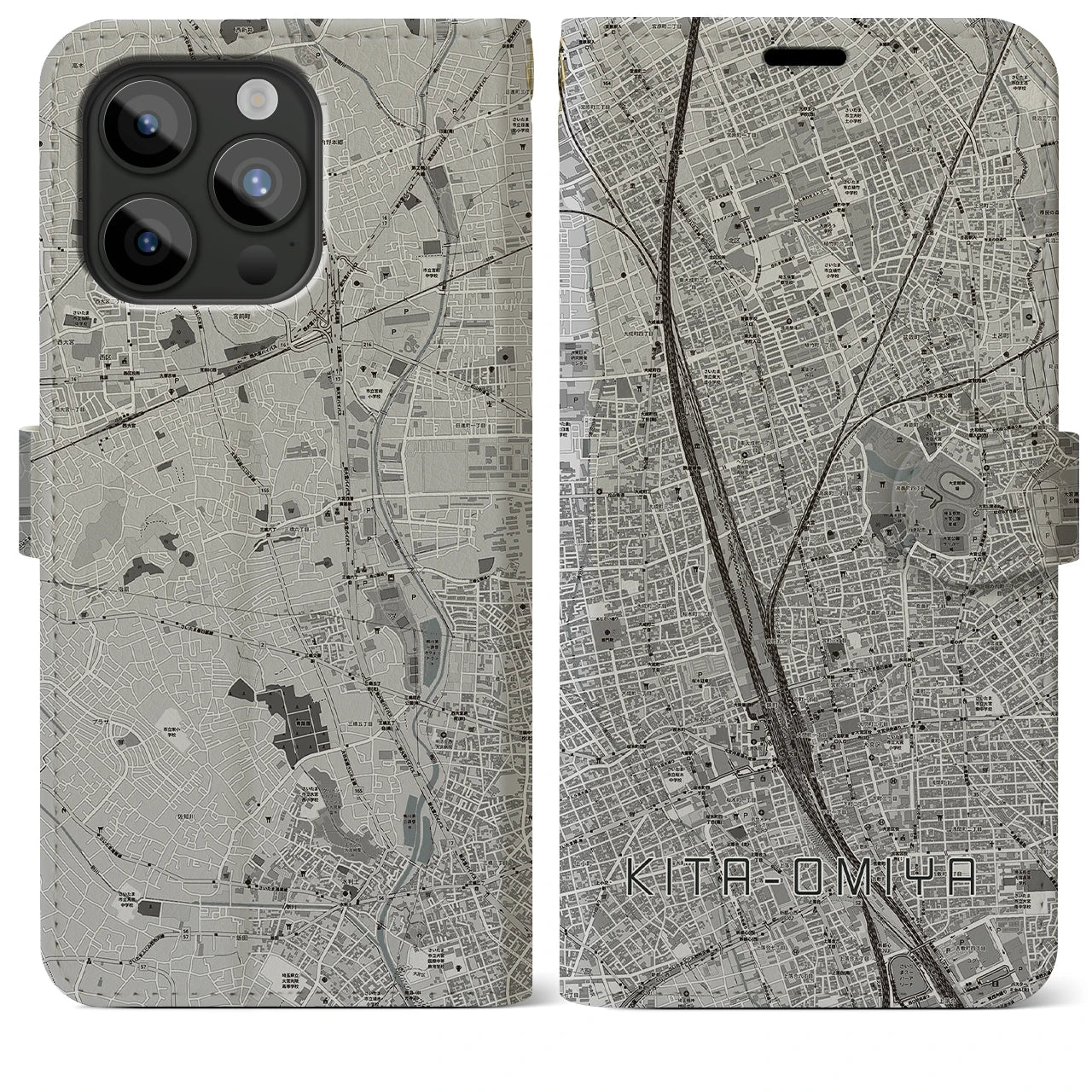 【北大宮】地図柄iPhoneケース（手帳両面タイプ・モノトーン）iPhone 15 Pro Max 用