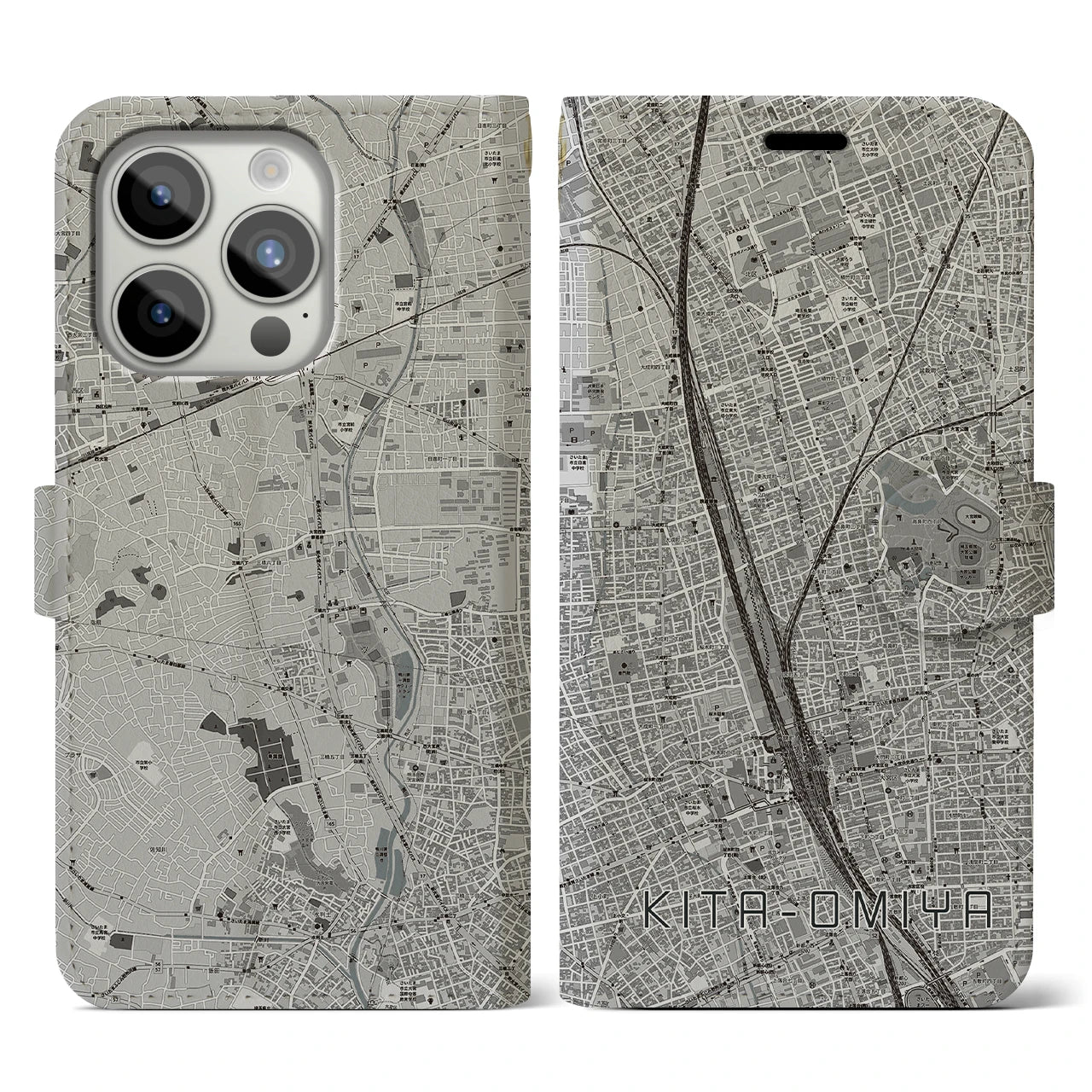 【北大宮】地図柄iPhoneケース（手帳両面タイプ・モノトーン）iPhone 15 Pro 用