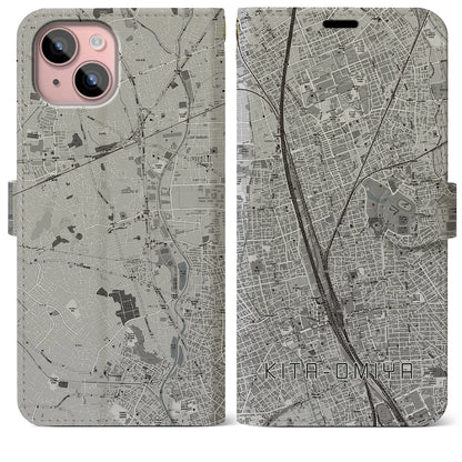 【北大宮（埼玉県）】地図柄iPhoneケース（手帳タイプ）モノトーン・iPhone 15 Plus 用