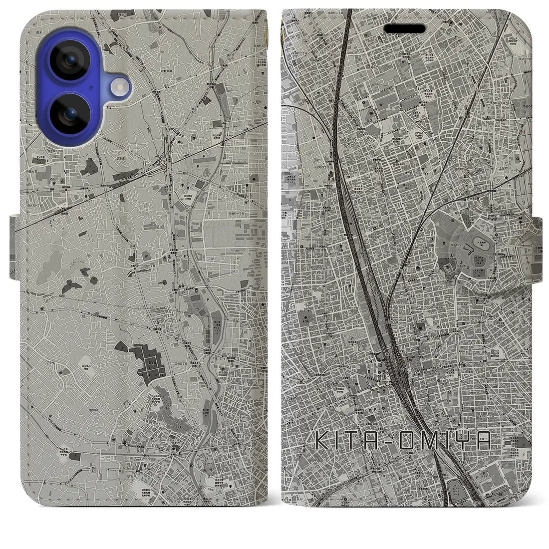 【北大宮(埼玉県)】地図柄iPhoneケース(手帳タイプ)モノトーン・iPhone 16 Pro Max 用