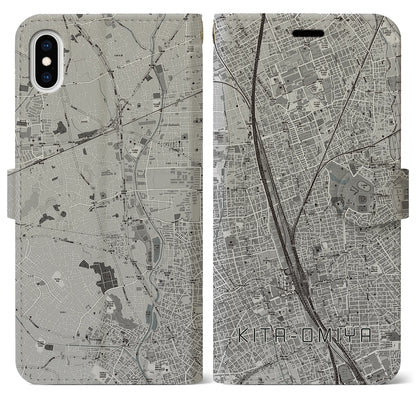 【北大宮（埼玉県）】地図柄iPhoneケース（手帳タイプ）モノトーン・iPhone XS Max 用
