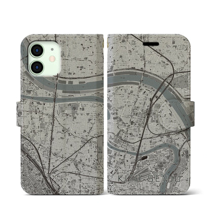 【北千住（東京都）】地図柄iPhoneケース（手帳タイプ）モノトーン・iPhone 12 mini 用