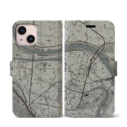 【北千住（東京都）】地図柄iPhoneケース（手帳タイプ）モノトーン・iPhone 13 mini 用