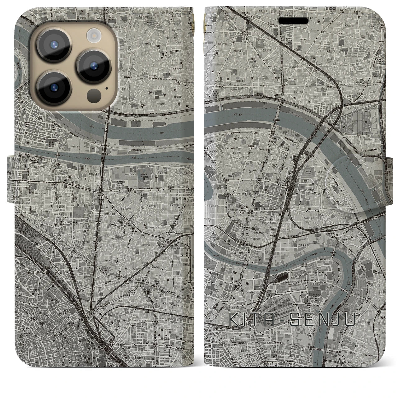 【北千住】地図柄iPhoneケース（手帳両面タイプ・モノトーン）iPhone 14 Pro Max 用