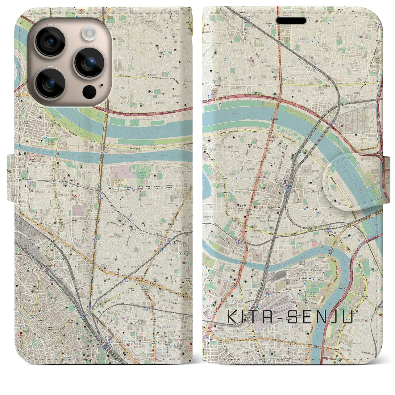 【北千住（東京都）】地図柄iPhoneケース（手帳タイプ）ナチュラル・iPhone 16 Plus 用