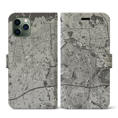 【北千里（大阪府）】地図柄iPhoneケース（手帳タイプ）モノトーン・iPhone 11 Pro 用
