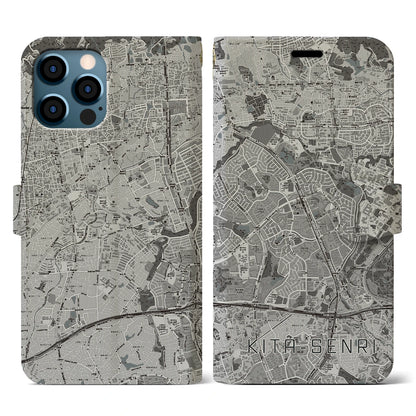【北千里（大阪府）】地図柄iPhoneケース（手帳タイプ）モノトーン・iPhone 12 / 12 Pro 用