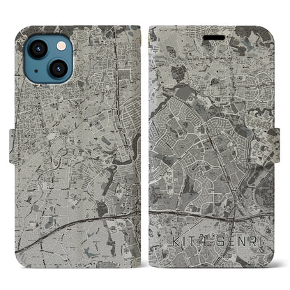 【北千里（大阪府）】地図柄iPhoneケース（手帳タイプ）モノトーン・iPhone 13 用