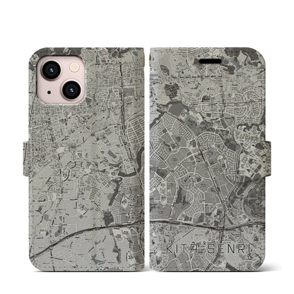 【北千里（大阪府）】地図柄iPhoneケース（手帳タイプ）モノトーン・iPhone 13 mini 用