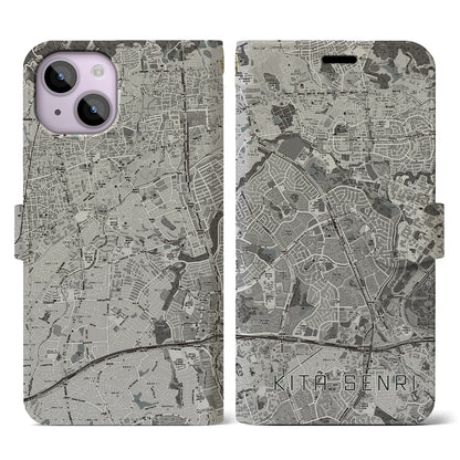 【北千里（大阪府）】地図柄iPhoneケース（手帳タイプ）モノトーン・iPhone 14 用