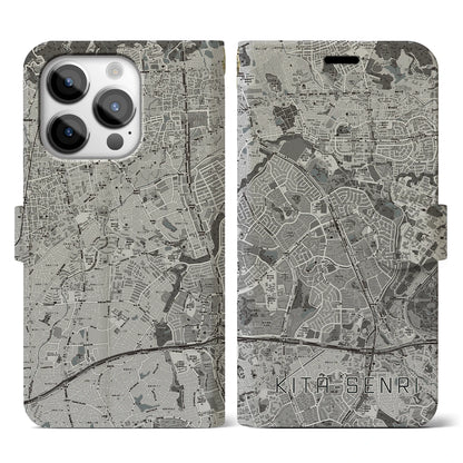 【北千里（大阪府）】地図柄iPhoneケース（手帳タイプ）モノトーン・iPhone 14 Pro 用