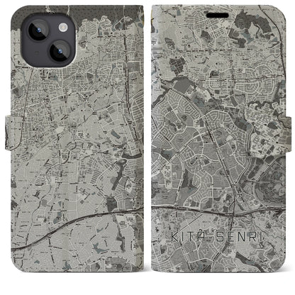【北千里（大阪府）】地図柄iPhoneケース（手帳タイプ）モノトーン・iPhone 14 Plus 用
