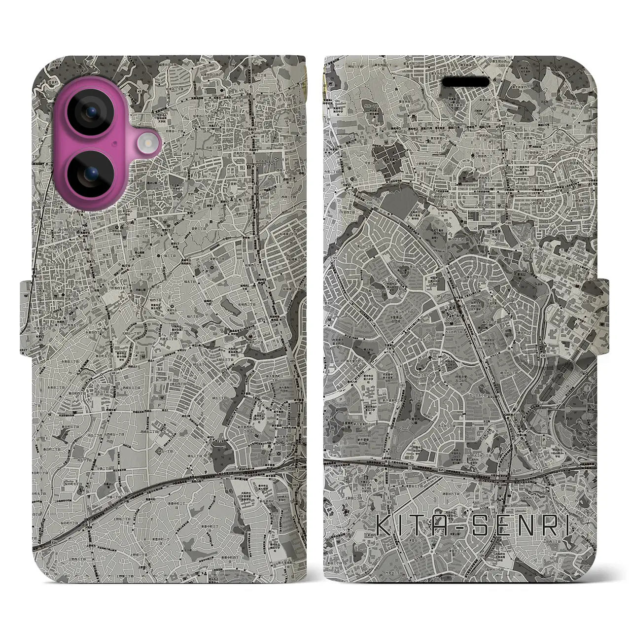 【北千里（大阪府）】地図柄iPhoneケース（手帳タイプ）モノトーン・iPhone 16 Pro 用