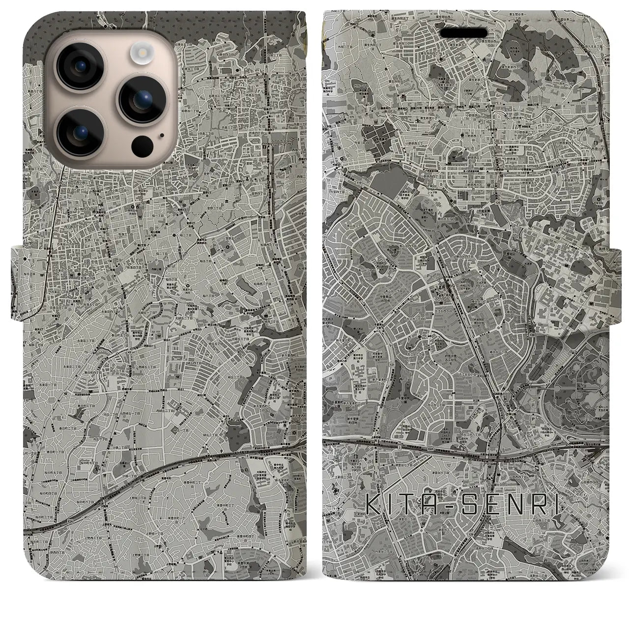 【北千里（大阪府）】地図柄iPhoneケース（手帳タイプ）モノトーン・iPhone 16 Plus 用