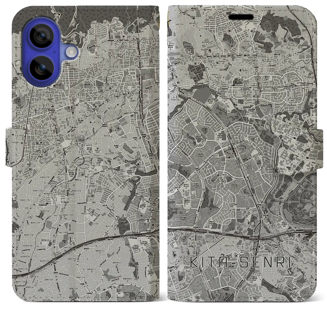 【北千里（大阪府）】地図柄iPhoneケース（手帳タイプ）モノトーン・iPhone 16 Pro Max 用