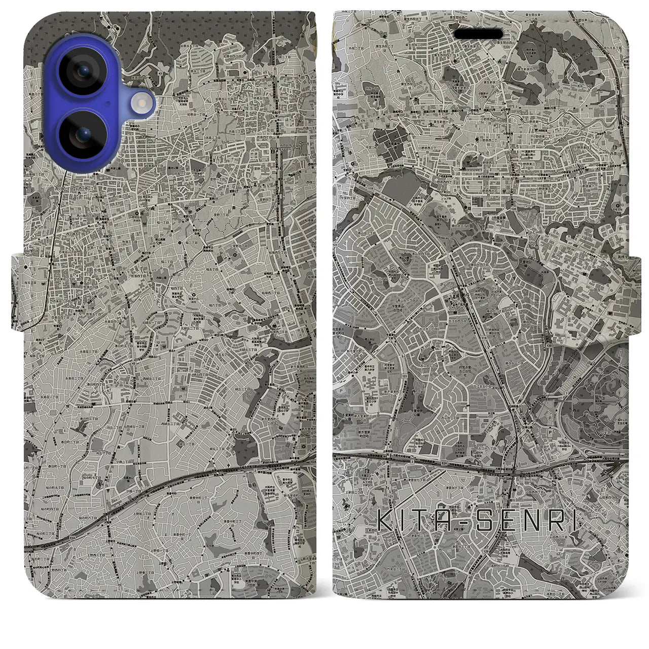 【北千里（大阪府）】地図柄iPhoneケース（手帳タイプ）モノトーン・iPhone 16 Pro Max 用