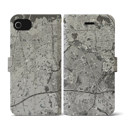 【北千里（大阪府）】地図柄iPhoneケース（手帳タイプ）モノトーン・iPhone SE（第3 / 第2世代） / 8 / 7 / 6s / 6 用
