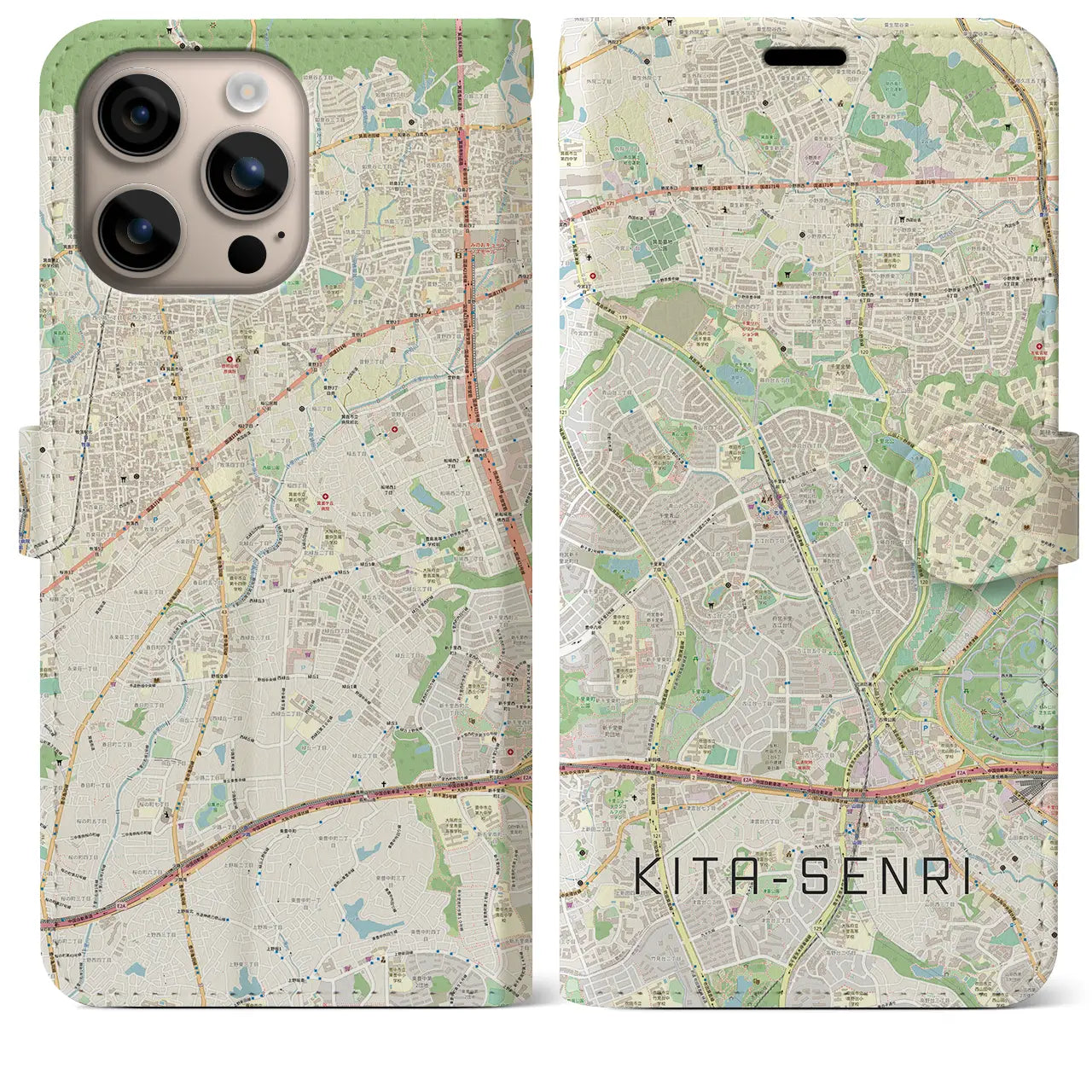 【北千里（大阪府）】地図柄iPhoneケース（手帳タイプ）ナチュラル・iPhone 16 Plus 用