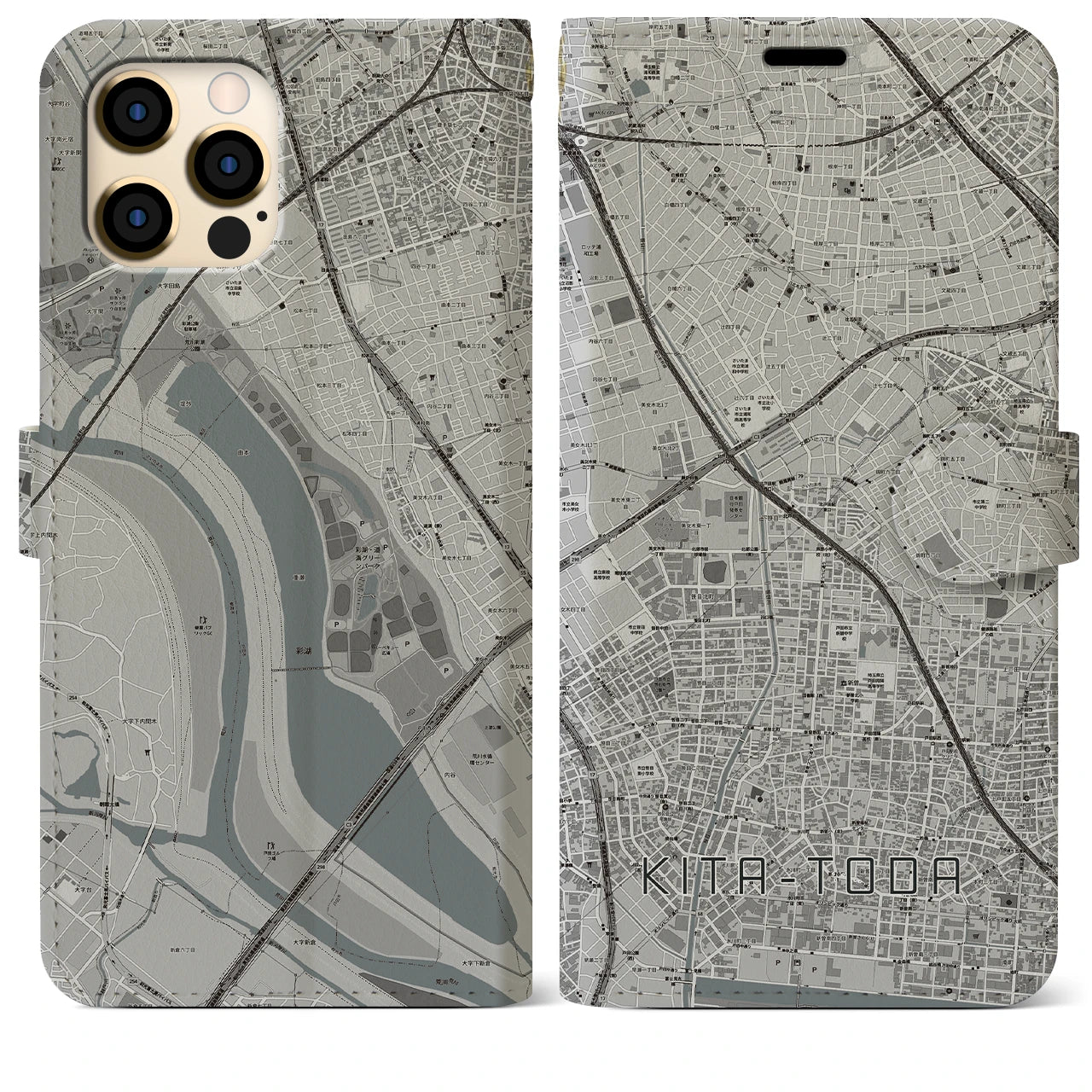 【北戸田】地図柄iPhoneケース（手帳両面タイプ・モノトーン）iPhone 12 Pro Max 用