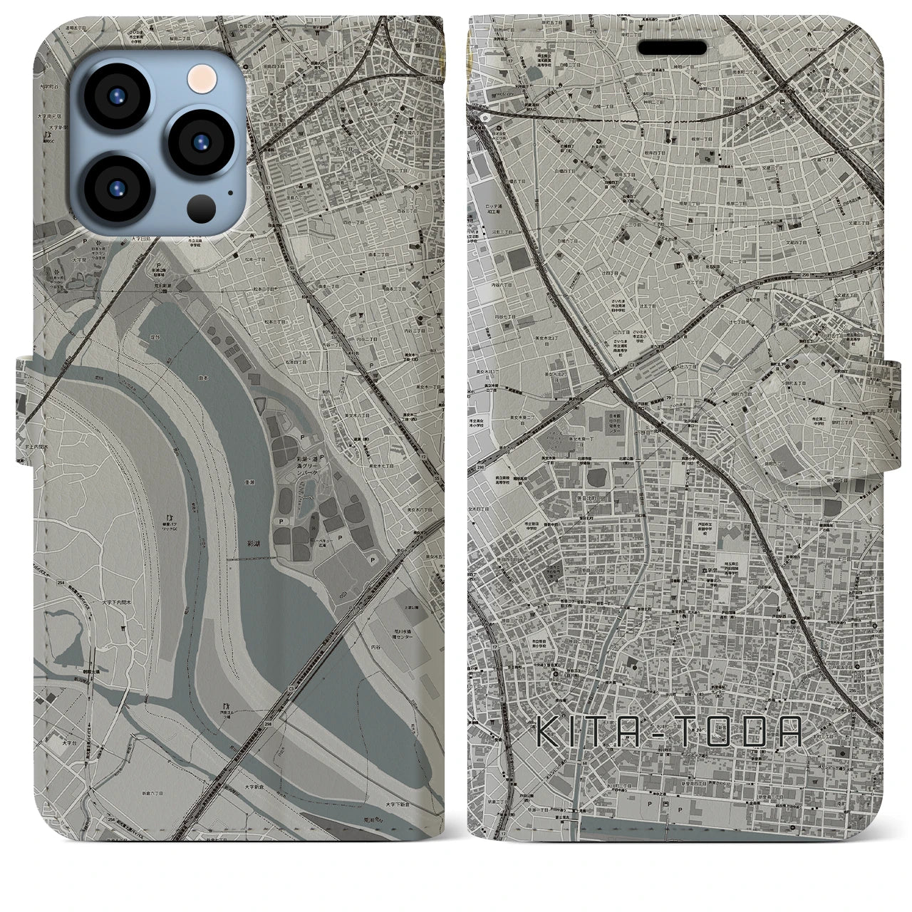 【北戸田】地図柄iPhoneケース（手帳両面タイプ・モノトーン）iPhone 13 Pro Max 用