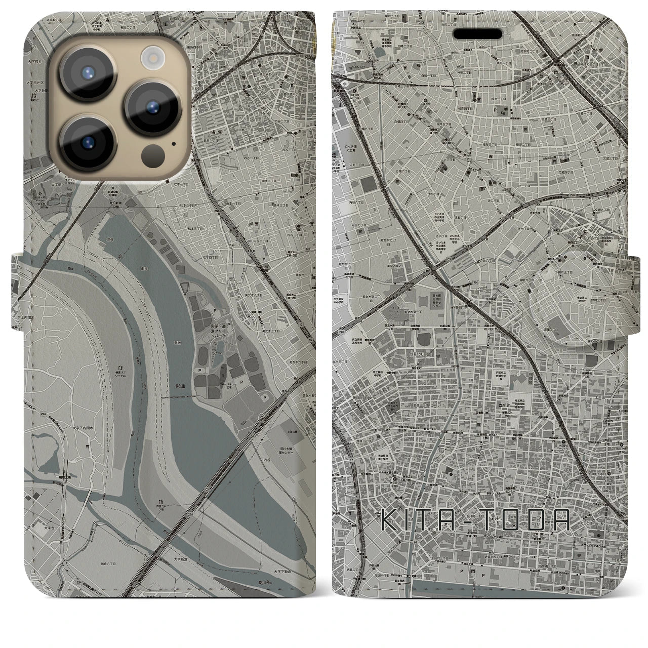 【北戸田】地図柄iPhoneケース（手帳両面タイプ・モノトーン）iPhone 14 Pro Max 用
