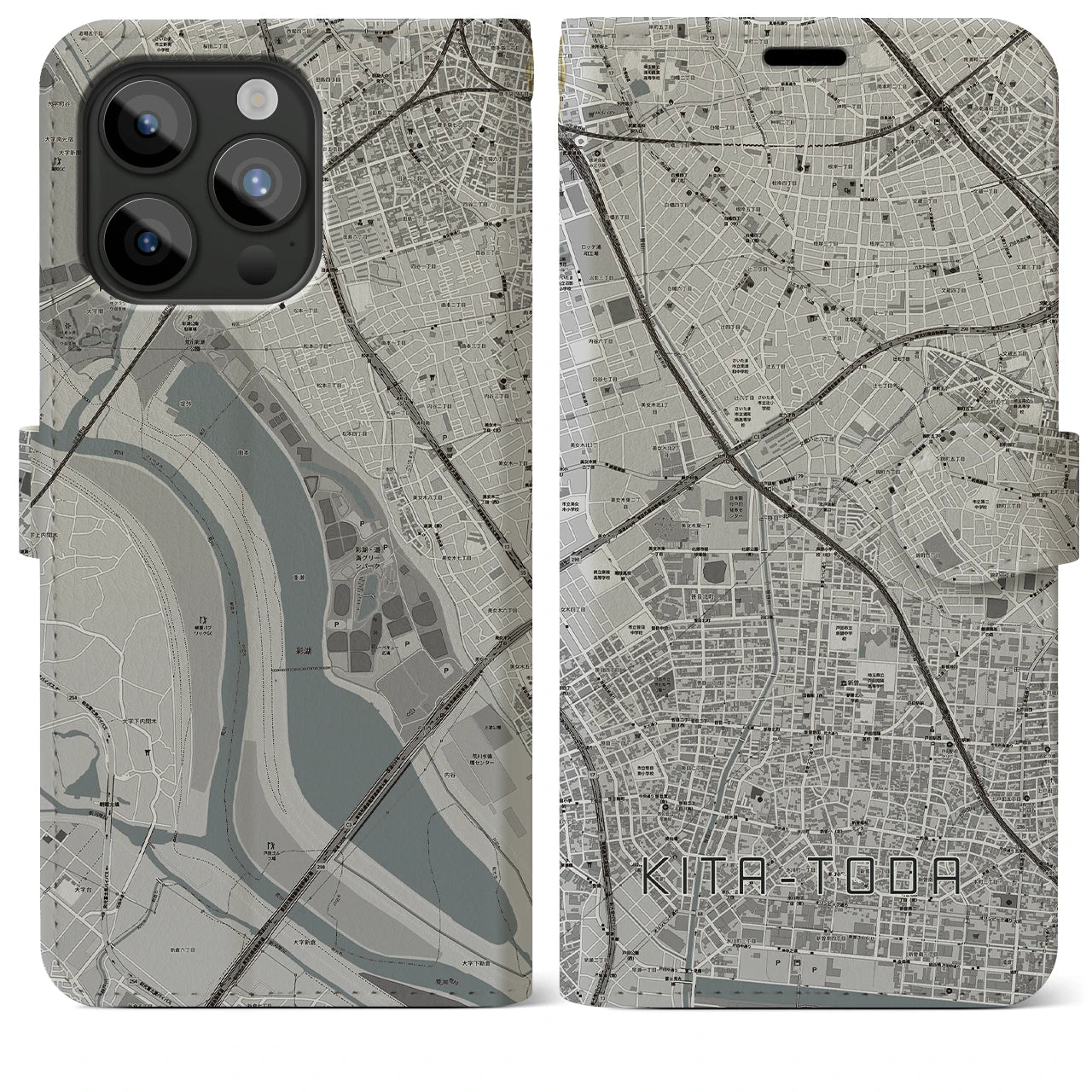 【北戸田】地図柄iPhoneケース（手帳両面タイプ・モノトーン）iPhone 15 Pro Max 用