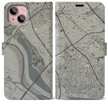 【北戸田（埼玉県）】地図柄iPhoneケース（手帳タイプ）モノトーン・iPhone 15 Plus 用